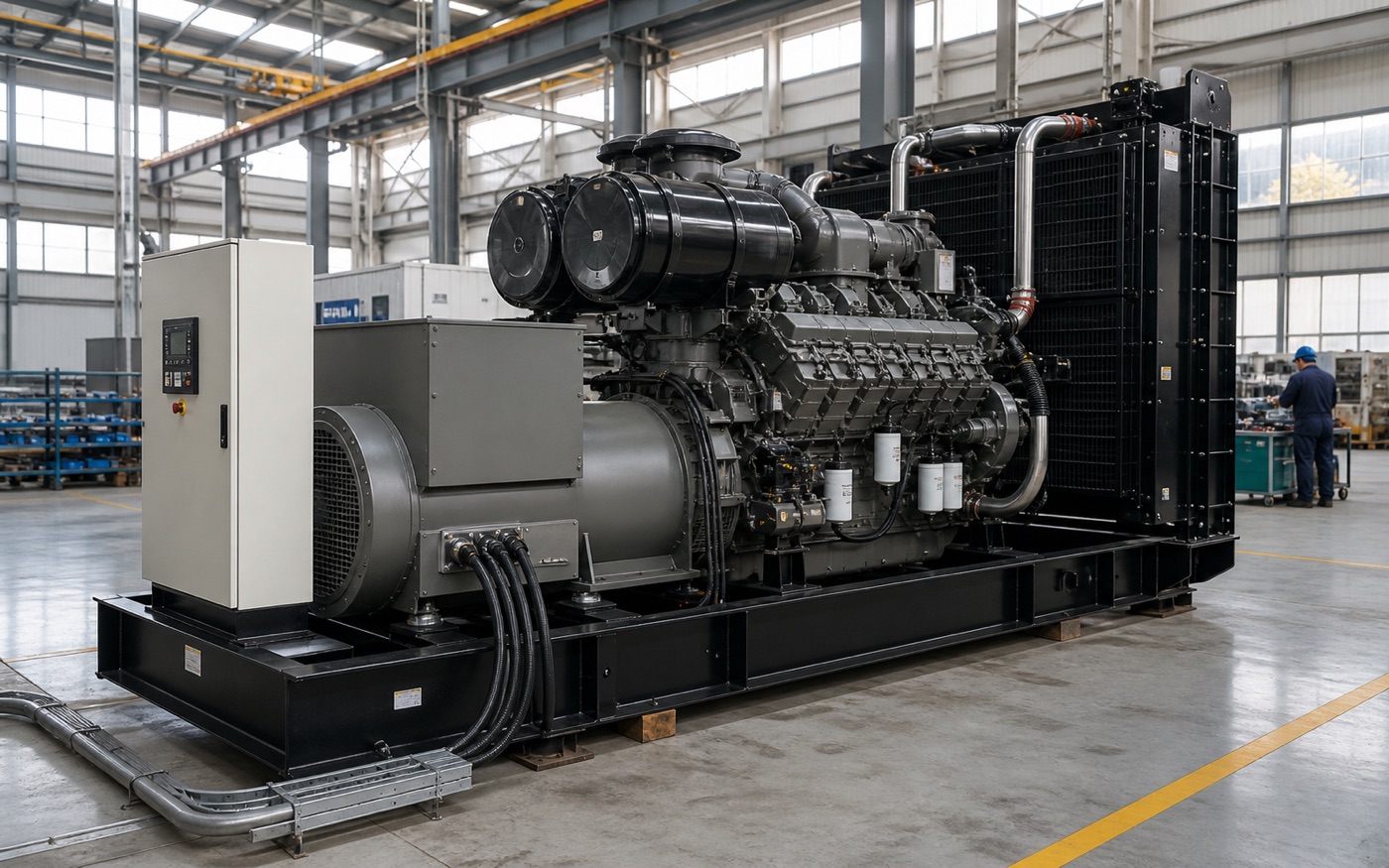 Illustrative large industrial diesel generator undergoing factory inspection for a 1000kVA project