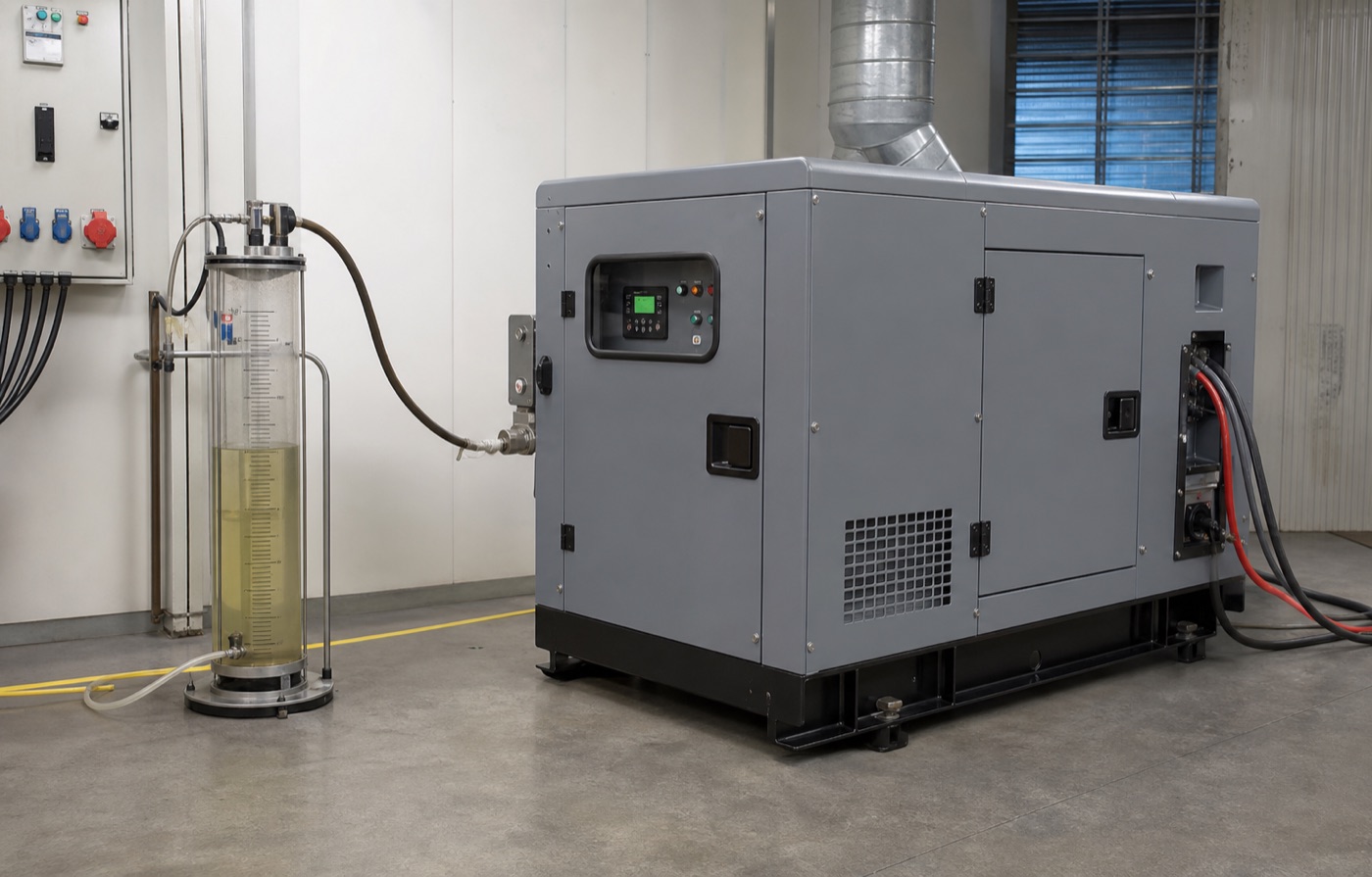 Compact silent diesel generator undergoing a measured fuel consumption test in a factory test bay