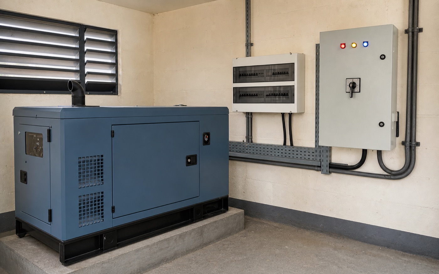 Compact silent generator installed beside distribution and automatic transfer switch panels