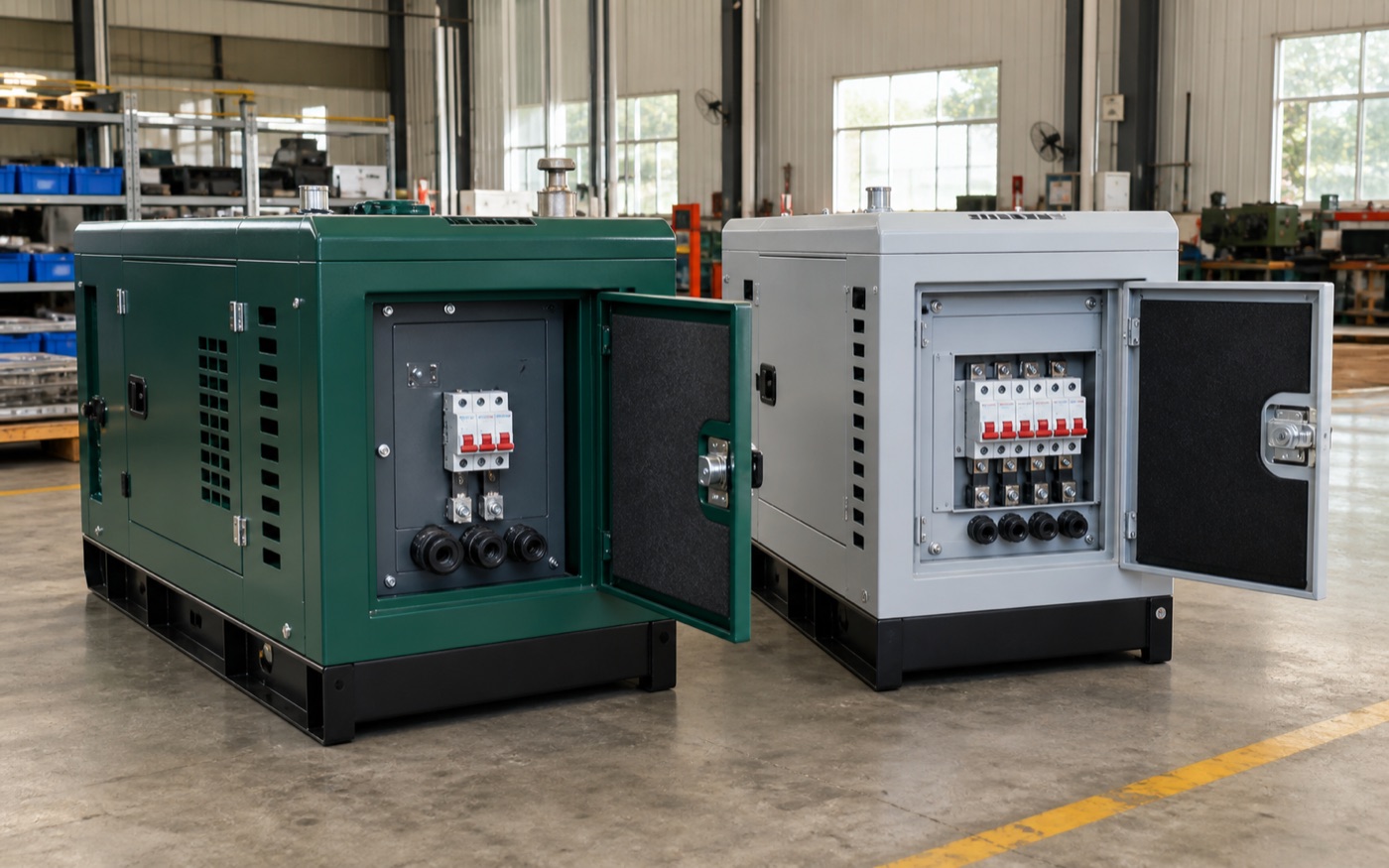 Two compact generator output cabinets arranged for single-phase and three-phase comparison