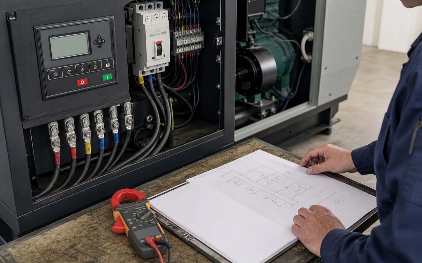 Illustrative generator electrical inspection with a clamp meter and load schedule