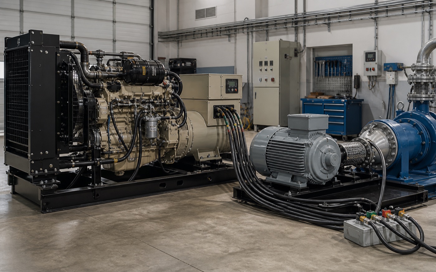 Illustrative diesel generator test with a three-phase motor and industrial water pump